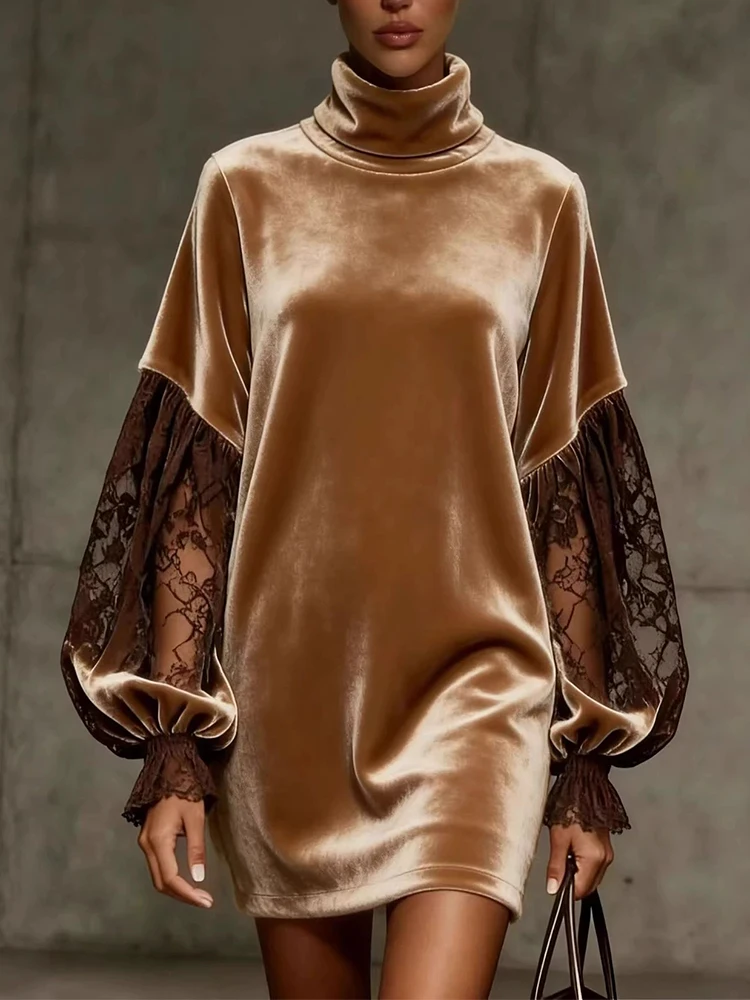Autumn Winter New Lace Spliced Mini Dress Elegant Lady Pure Hollow Out Commute Dress Vintage Turtleneck Velvet Loose Short Dress
Autumn Winter New Lace Spliced Mini Dress Elegant Lady Pure Hollow Out Commute Dress Vintage Turtleneck Velvet Loose Short Dress