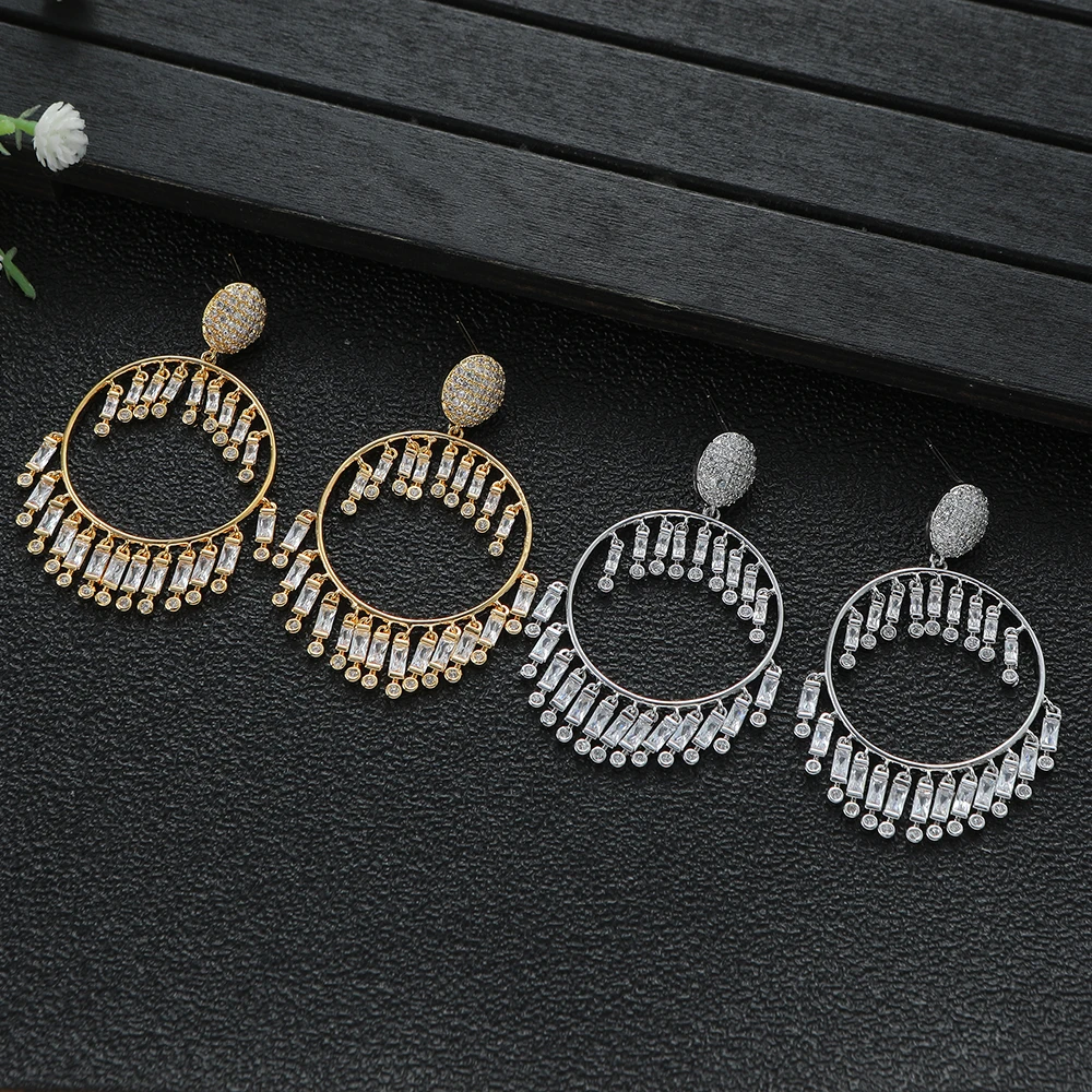 Light luxury European style large circle rectangular zirconium tassel earrings with circular earrings E1598
Light luxury European style large circle rectangular zirconium tassel earrings with circular earrings E1598