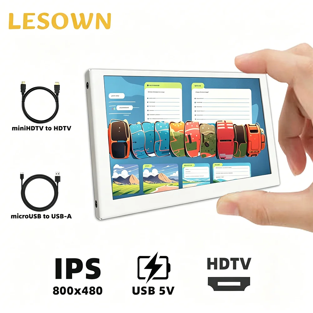 LESOWN 5.0 Inch SBC Monitor White Aluminum 800x480 miniHDTV Display Panel 60Hz for Raspberry Pi 5 4B Microcomputer