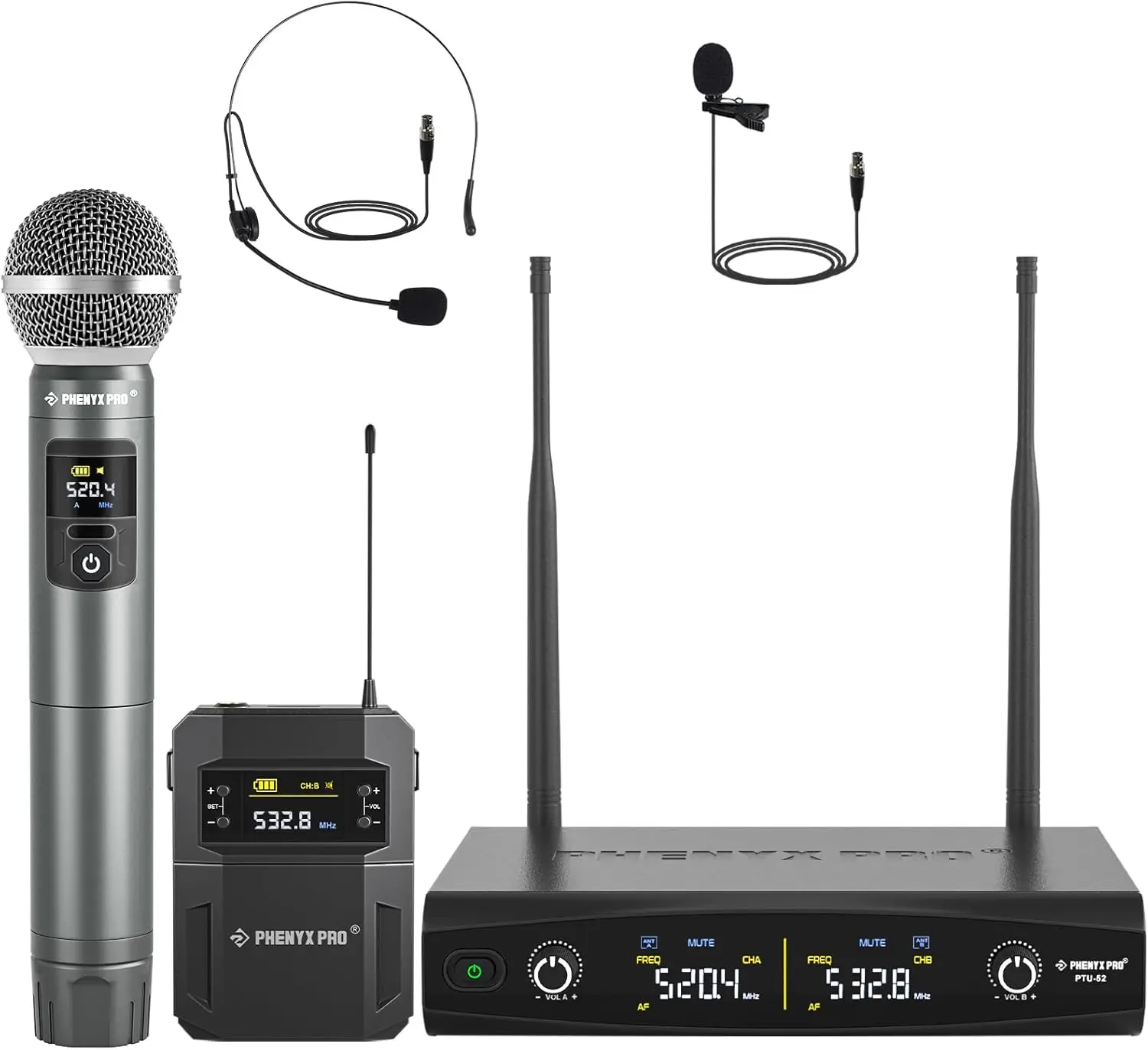 Wireless Microphone System Metal Wireless Mic Set w Handheld Bodypack Headset Lapel Mics 2 x 30 UHF Frequencies 200 ft Range
Wireless Microphone System Metal Wireless Mic Set w Handheld Bodypack Headset Lapel Mics 2 x 30 UHF Frequencies 200 ft Range