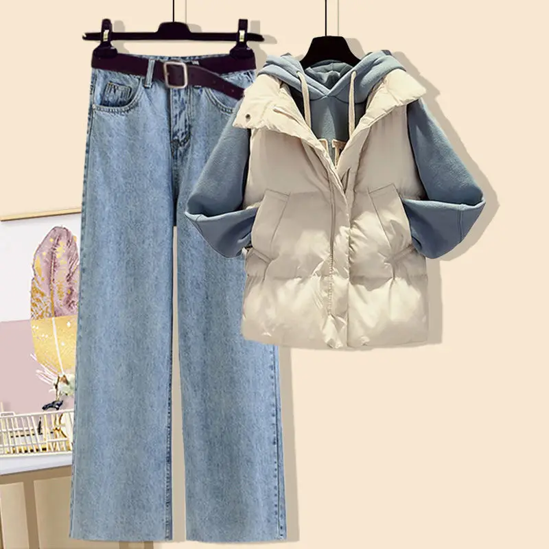 Autumn and Winter 2022 New Korean Fashion Casual Set Solid Color Vest Hoodie Jeans Three Piece Elegant Women's Pants Set
Autumn and Winter 2022 New Korean Fashion Casual Set Solid Color Vest Hoodie Jeans Three Piece Elegant Women's Pants Set