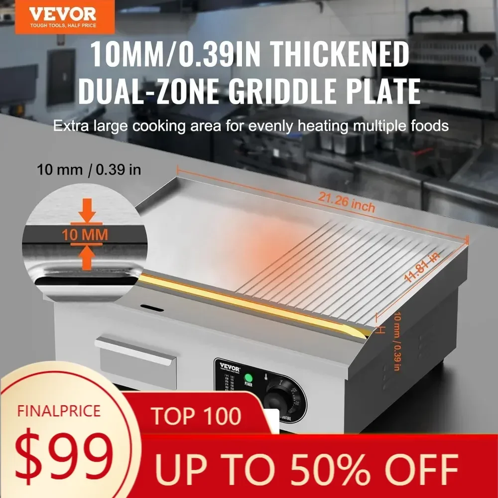 Stainless Steel Electric Griddle, VEVOR 1600W Half-Flat Top Grill, 22 Countertop Cooking Surface with 2 Shovels
Stainless Steel Electric Griddle, VEVOR 1600W Half-Flat Top Grill, 22 Countertop Cooking Surface with 2 Shovels