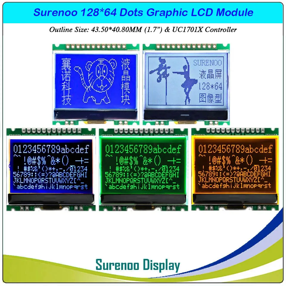 Surenoo 1,7 дюйма 43,5X40,8 мм 12864 128X64 последовательный SPI COG графический ЖК-модуль экран LCM встроенный UC1701X ST7567
Surenoo 1,7 дюйма 43,5X40,8 мм 12864 128X64 последовательный SPI COG графический ЖК-модуль экран LCM встроенный UC1701X ST7567
