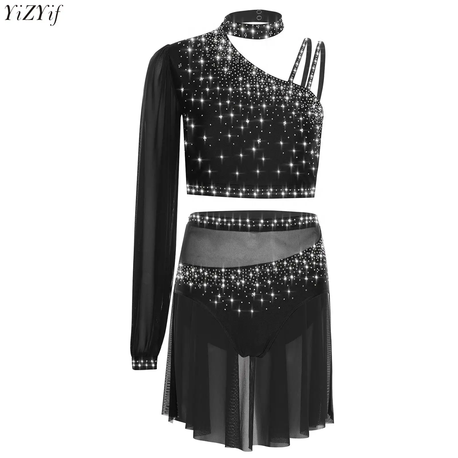 2Pcs Womens Contemporary Lyrical Dance Costumes Asymmetrical Long Sleeve Sheer Mesh Crop Top with Skirt Figure Skating Costume
2Pcs Womens Contemporary Lyrical Dance Costumes Asymmetrical Long Sleeve Sheer Mesh Crop Top with Skirt Figure Skating Costume