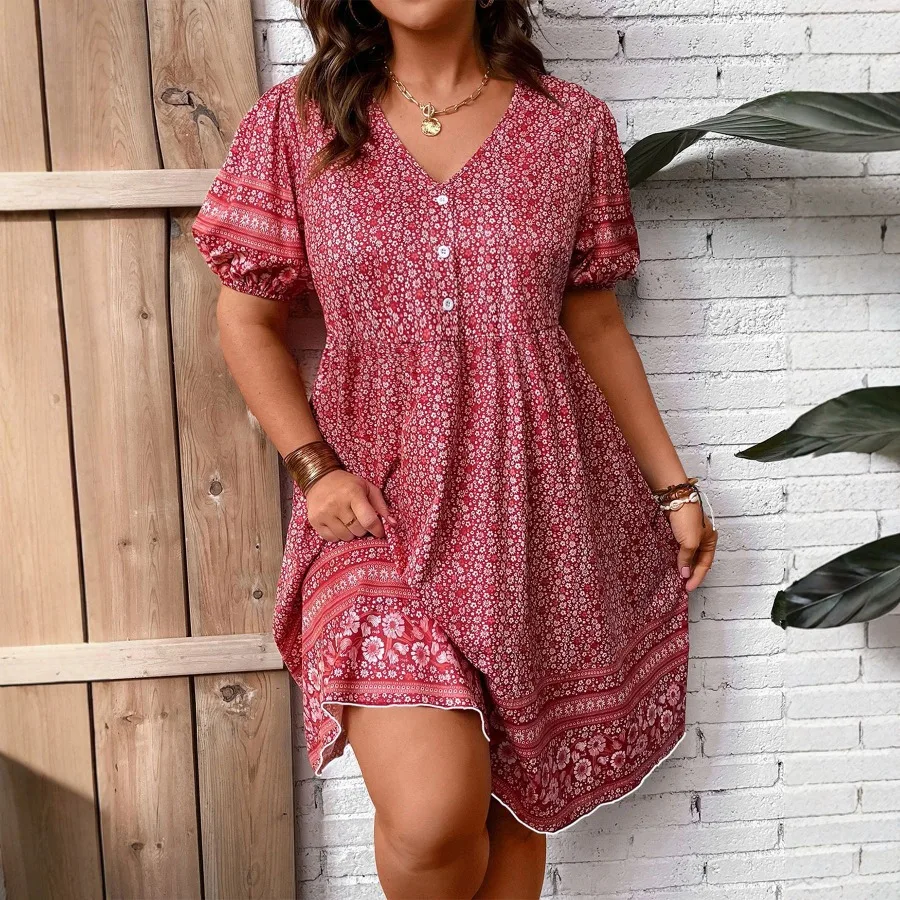 【New style】European and American - large-size women's clothing summer new V-neck half-open placket bubble sleeves fashionable
【New style】European and American - large-size women's clothing summer new V-neck half-open placket bubble sleeves fashionable