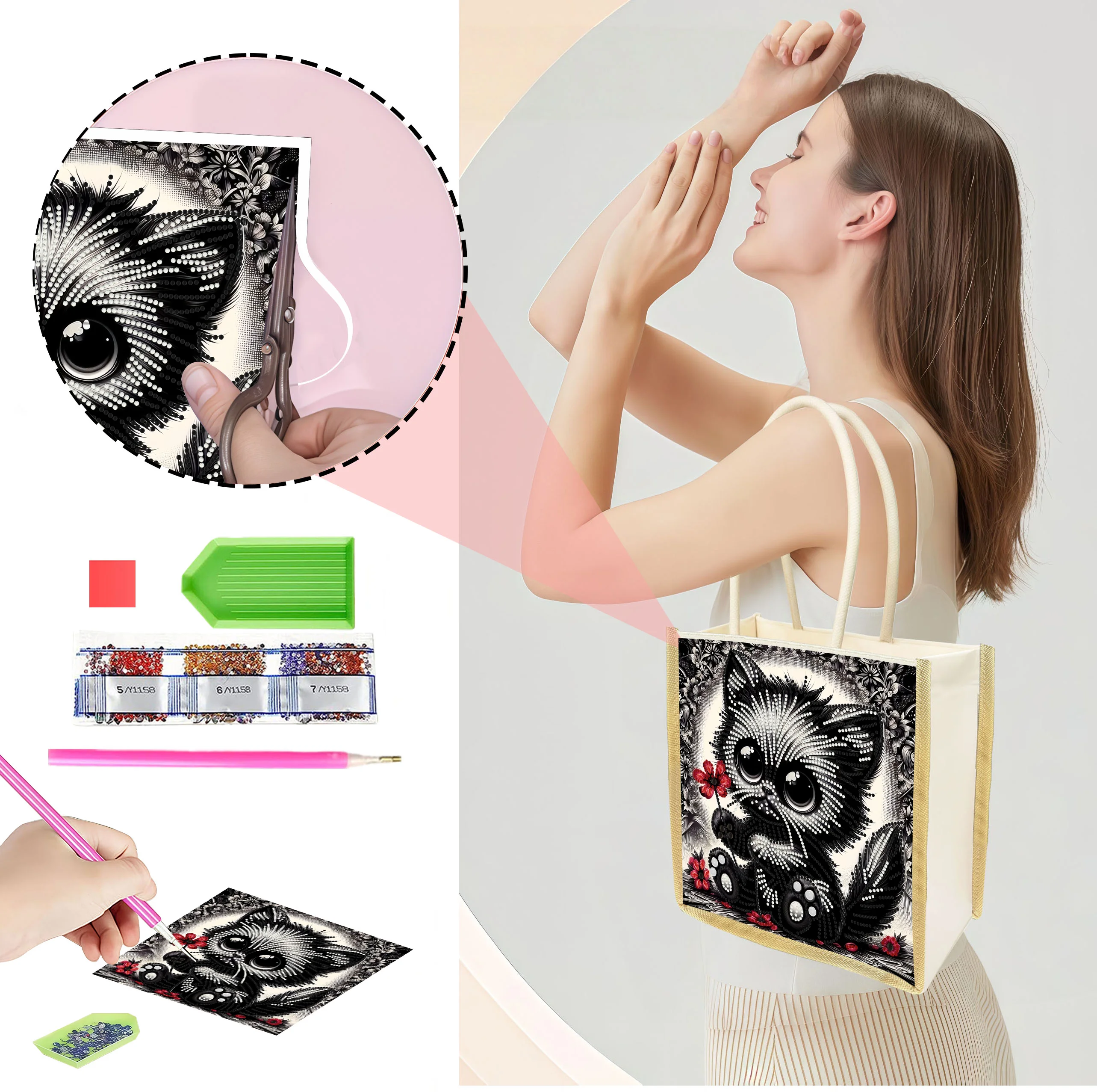Одна сумка для покупок с мозаичным рисунком в стиле DIY, украшенная стразами, подходит для различных случаев, таких как походы за покупками и поездки на работу.
Одна сумка для покупок с мозаичным рисунком в стиле DIY, украшенная стразами, подходит для различных случаев, таких как походы за покупками и поездки на работу.
