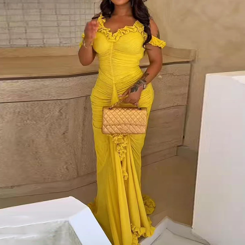 Elegant Pleated Slim Backless Dress Sexy Neck Hang Off Shoulder Irregular Fish Tail Dress Chic Solid Mesh Lace Club Party Dress
Elegant Pleated Slim Backless Dress Sexy Neck Hang Off Shoulder Irregular Fish Tail Dress Chic Solid Mesh Lace Club Party Dress