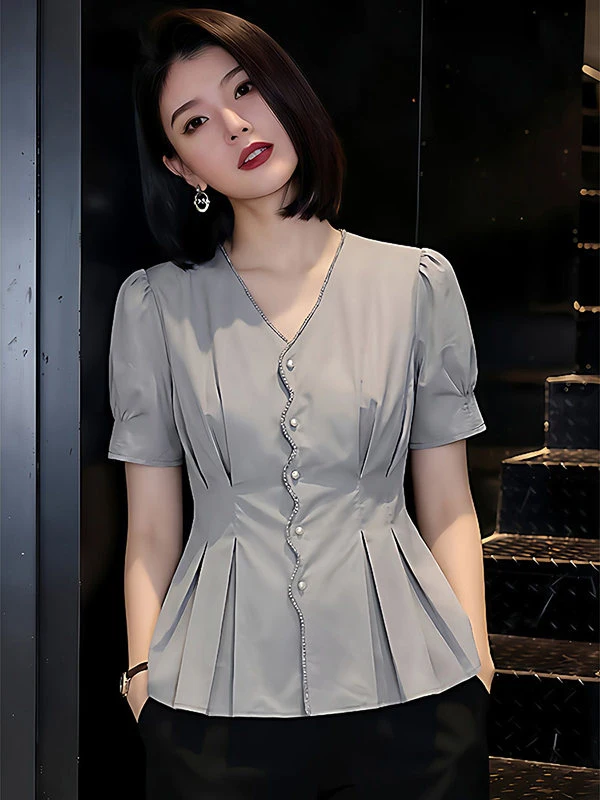 Grey Slimming Color Waist-Cinching Shirt Women's Spring Summer New Commute Short Sleeve Large Size Top Fashionable
Grey Slimming Color Waist-Cinching Shirt Women's Spring Summer New Commute Short Sleeve Large Size Top Fashionable