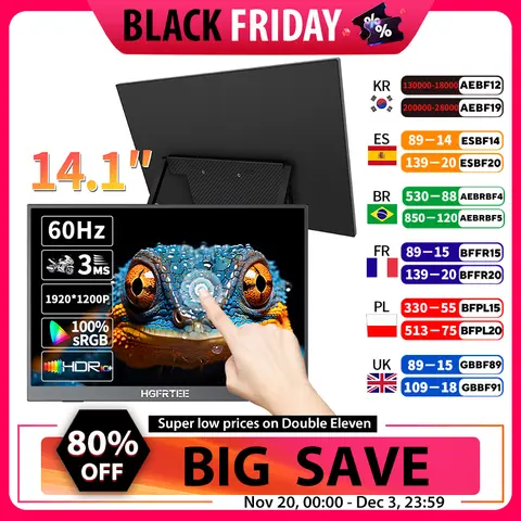 Moniteur Portable de 14.1 pouces, écran tactile à 10 points, 100% sRGB 1200P IPS, deuxième écran externe pour ordinateur Portable, téléphone, Mac, Xbox Switch, PS4/5