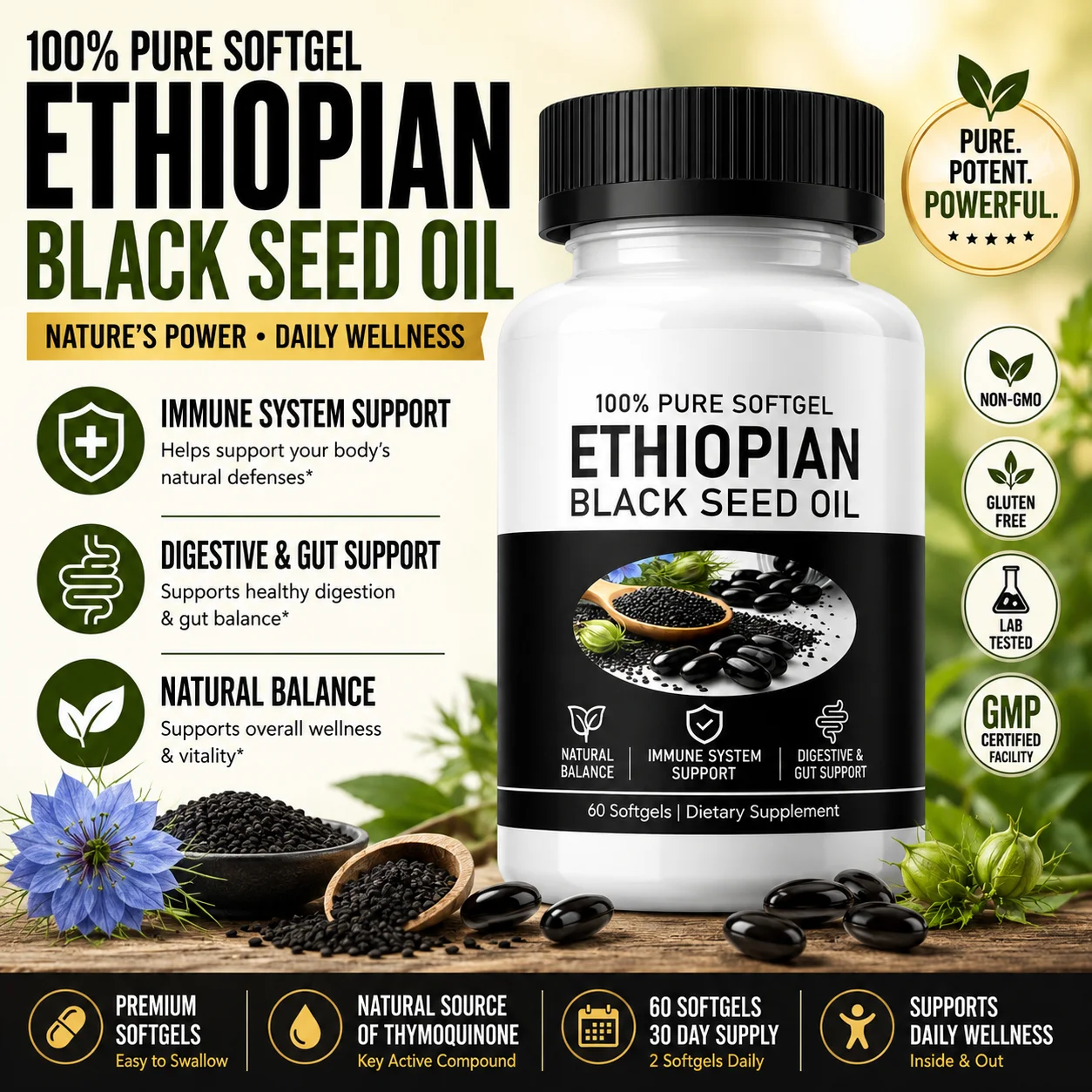 Black Seed Oil Softgels 60 Count, Cold Pressed Ethiopian Nigella Sativa, Gluten Free Non-GMO Daily Wellness for Adults
Black Seed Oil Softgels 60 Count, Cold Pressed Ethiopian Nigella Sativa, Gluten Free Non-GMO Daily Wellness for Adults