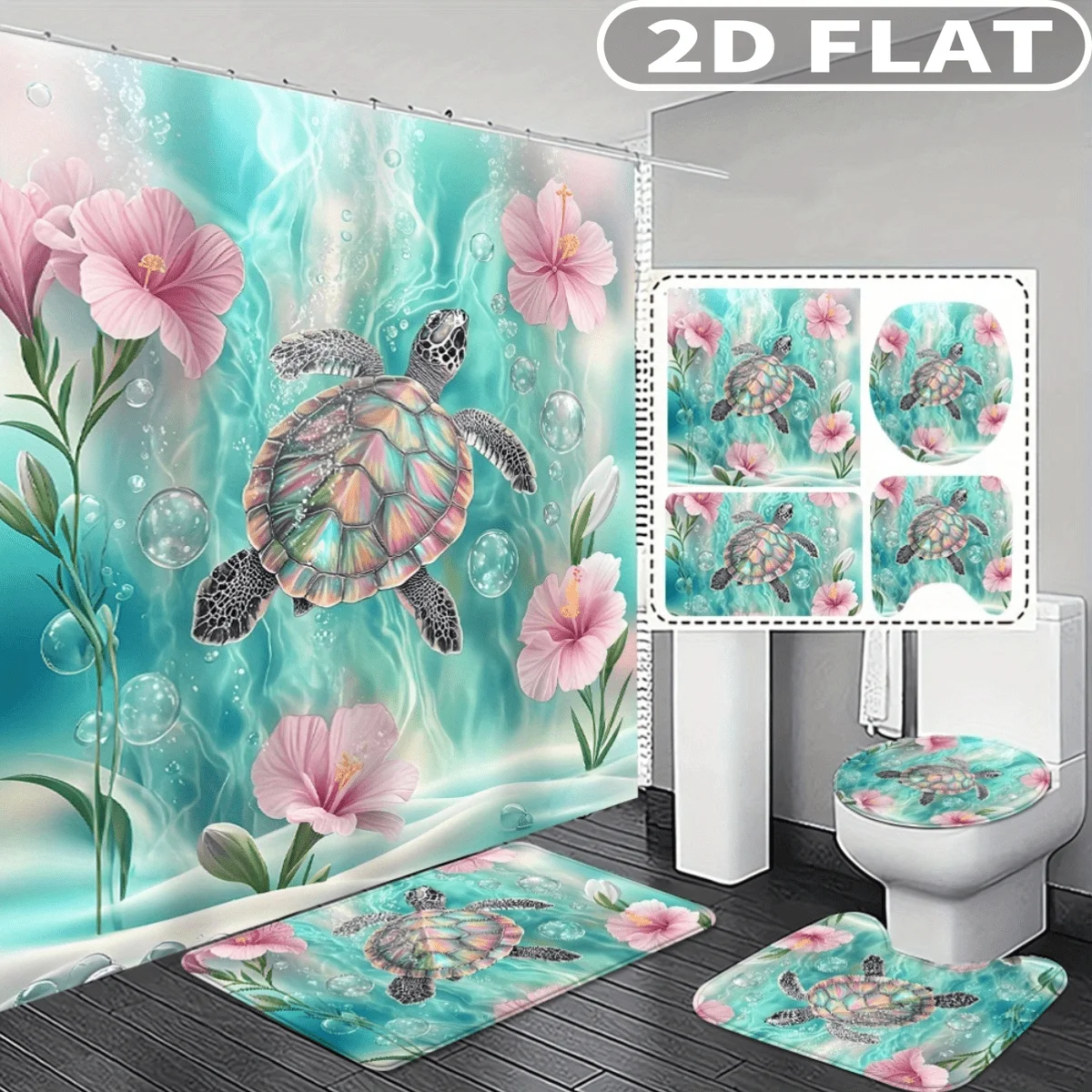 4pcs 2D FLAT Turtle Flower Water Bubbles Pattern Shower Curtain Set, with 3pc Bath Mat and 1pc Curtains Perfect for Home Decor
4pcs 2D FLAT Turtle Flower Water Bubbles Pattern Shower Curtain Set, with 3pc Bath Mat and 1pc Curtains Perfect for Home Decor
