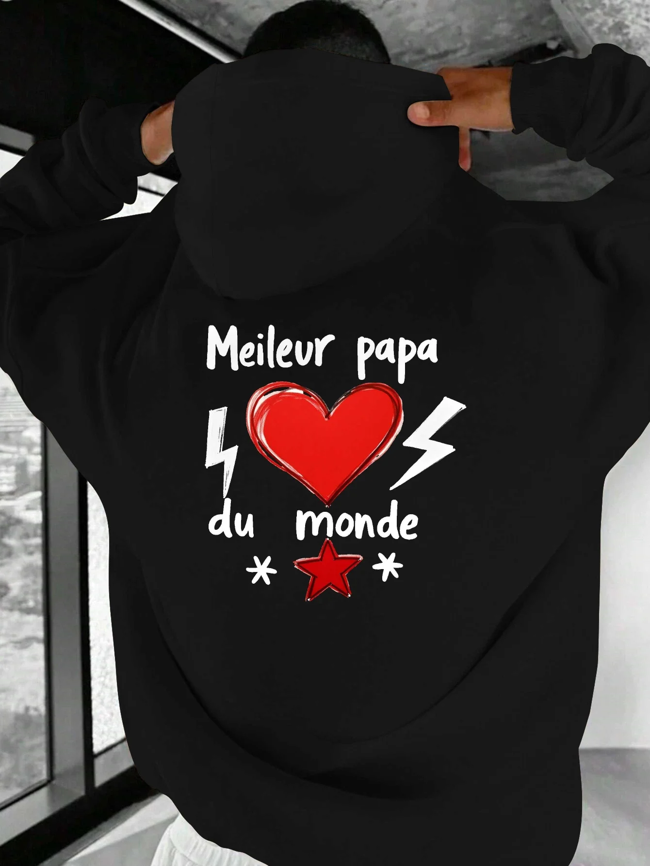 The World's Best Dad, Large-Sized Men's Hooded Sweatshirt,Black Loose Fit Patterned Print, Red Hearts, White Text, and Red Stars
The World's Best Dad, Large-Sized Men's Hooded Sweatshirt,Black Loose Fit Patterned Print, Red Hearts, White Text, and Red Stars