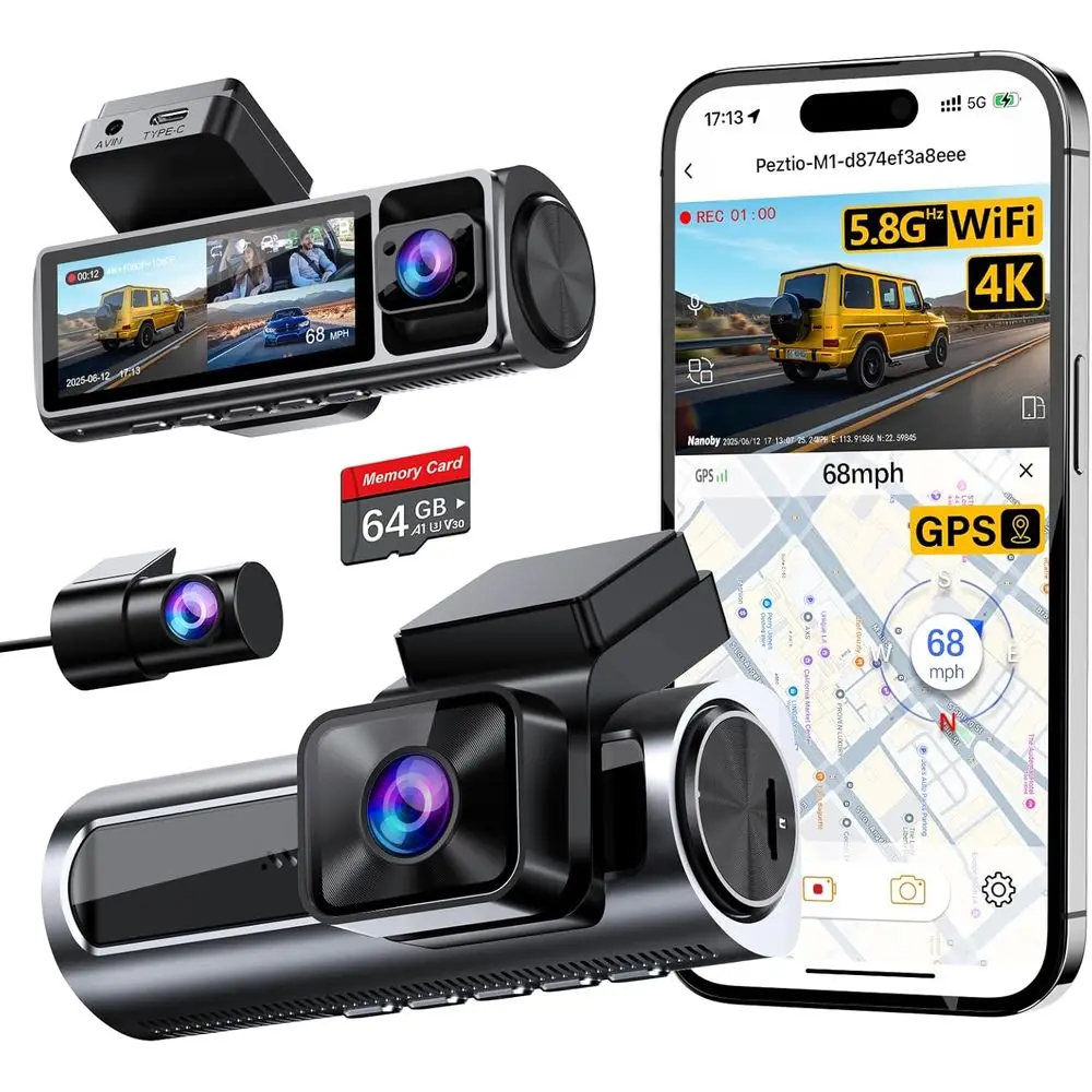 4K 3-Channel Dash Cam with Rear & Interior Cameras, 5.8GHz GPS, 64GB Card, Parking Monitor
4K 3-Channel Dash Cam with Rear & Interior Cameras, 5.8GHz GPS, 64GB Card, Parking Monitor