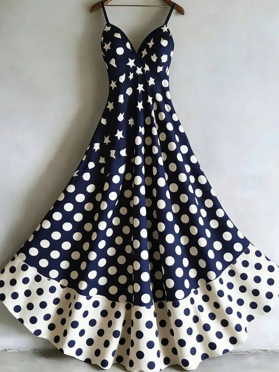 Womens A-Line V-Neck Spaghetti Strap Long Dress With Polka Dot And Star Print
Womens A-Line V-Neck Spaghetti Strap Long Dress With Polka Dot And Star Print