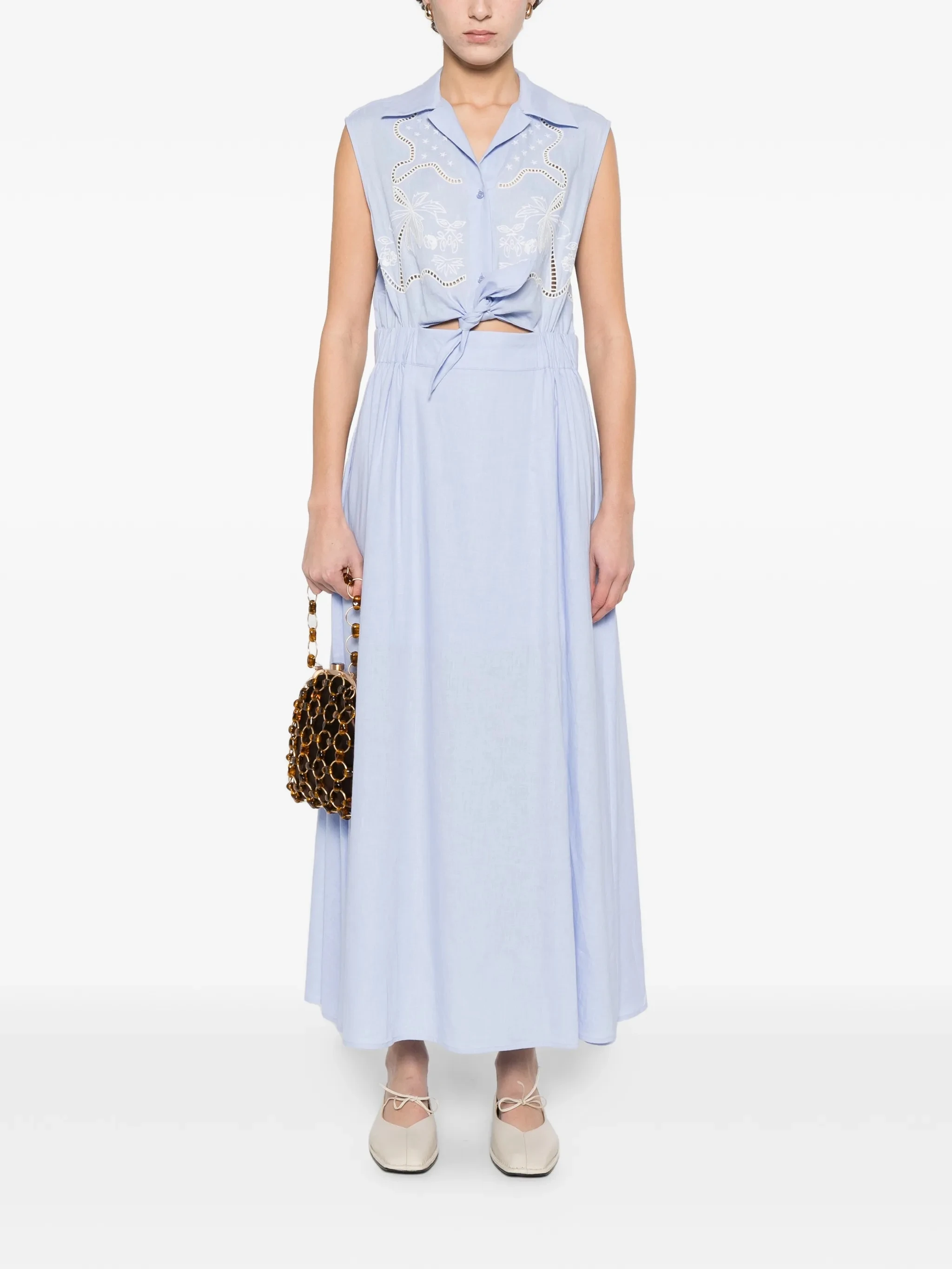 S Home Spring Summer Blue Embroidered Shirt Collar Sleeveless Long Dress Waist Cinched High Lengthening Dress a Line Skirt
S Home Spring Summer Blue Embroidered Shirt Collar Sleeveless Long Dress Waist Cinched High Lengthening Dress a Line Skirt