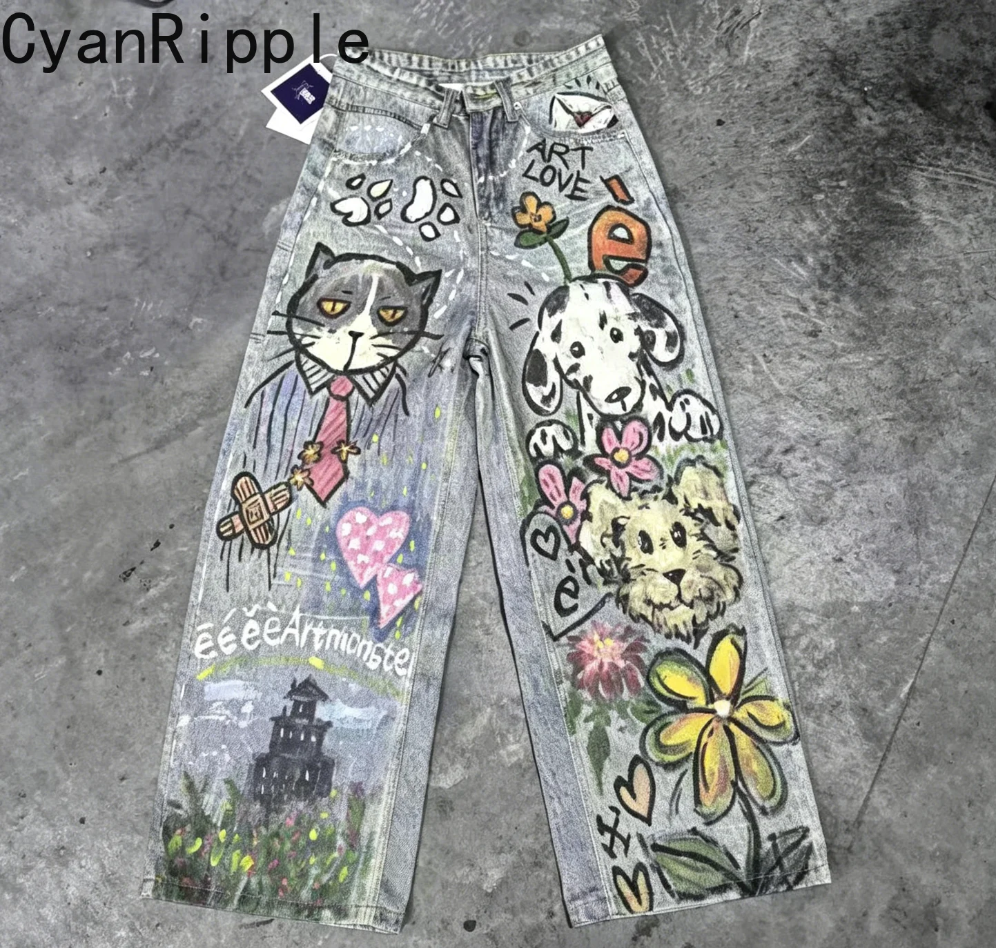 Trendy American Graffiti Cartoon Printed Women Denim Pants Age Reduction Spring Summer Hand-drawn Casual Wide Leg Straight Jeans
Trendy American Graffiti Cartoon Printed Women Denim Pants Age Reduction Spring Summer Hand-drawn Casual Wide Leg Straight Jeans