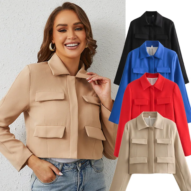 Solid Cropped Blazer Lapel Collar Hidden Button Placket Flap Pockets Long Sleeve Slim Elegant Fashion Casual Women Outerwear
Solid Cropped Blazer Lapel Collar Hidden Button Placket Flap Pockets Long Sleeve Slim Elegant Fashion Casual Women Outerwear