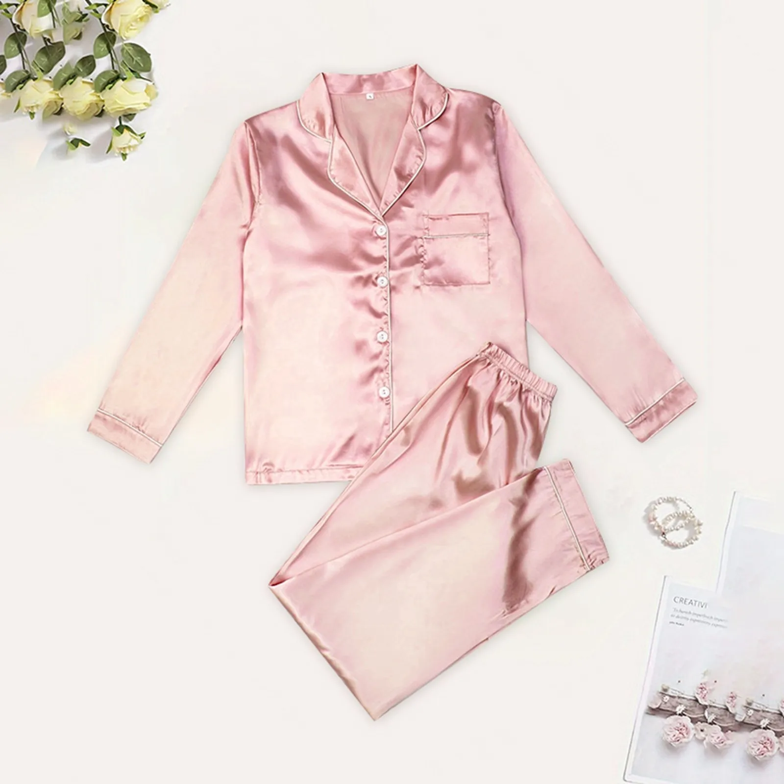 Women's Satin Home Suits Cardigan Lapel Imitation Silk Long Sleeve Pajamas Two Piece Sets Solid Color Loose Casual Sleepwear
Women's Satin Home Suits Cardigan Lapel Imitation Silk Long Sleeve Pajamas Two Piece Sets Solid Color Loose Casual Sleepwear