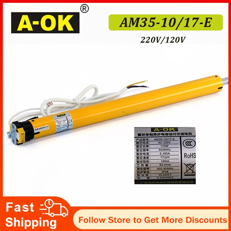 A-OK AM35 10/17 230V/120V Rolling Tubular Motor,RF433 Remote, for 40/45mm/47mm/50mm Tube,for Rolling Blinds
A-OK AM35 10/17 230V/120V Rolling Tubular Motor,RF433 Remote, for 40/45mm/47mm/50mm Tube,for Rolling Blinds