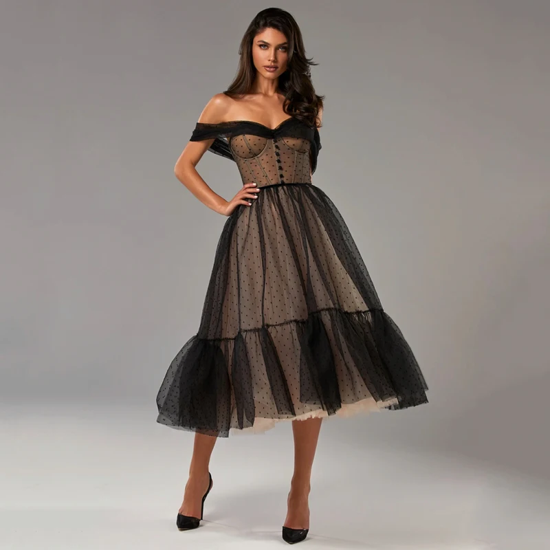 Sweetheart Off Shoulder Button Front Lace Up Back Dot Tulle A-Line Tea-Length Evening Dresses Prom Gowns Robe De Soiree
Sweetheart Off Shoulder Button Front Lace Up Back Dot Tulle A-Line Tea-Length Evening Dresses Prom Gowns Robe De Soiree