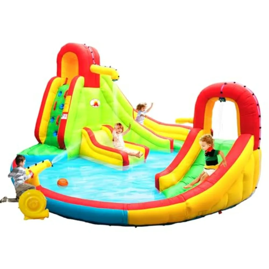 Inflatable Water Park for outdoor use, PVC material, blue and yellow color, includes blower, 2 slides, climbing wall, water gun
Inflatable Water Park for outdoor use, PVC material, blue and yellow color, includes blower, 2 slides, climbing wall, water gun