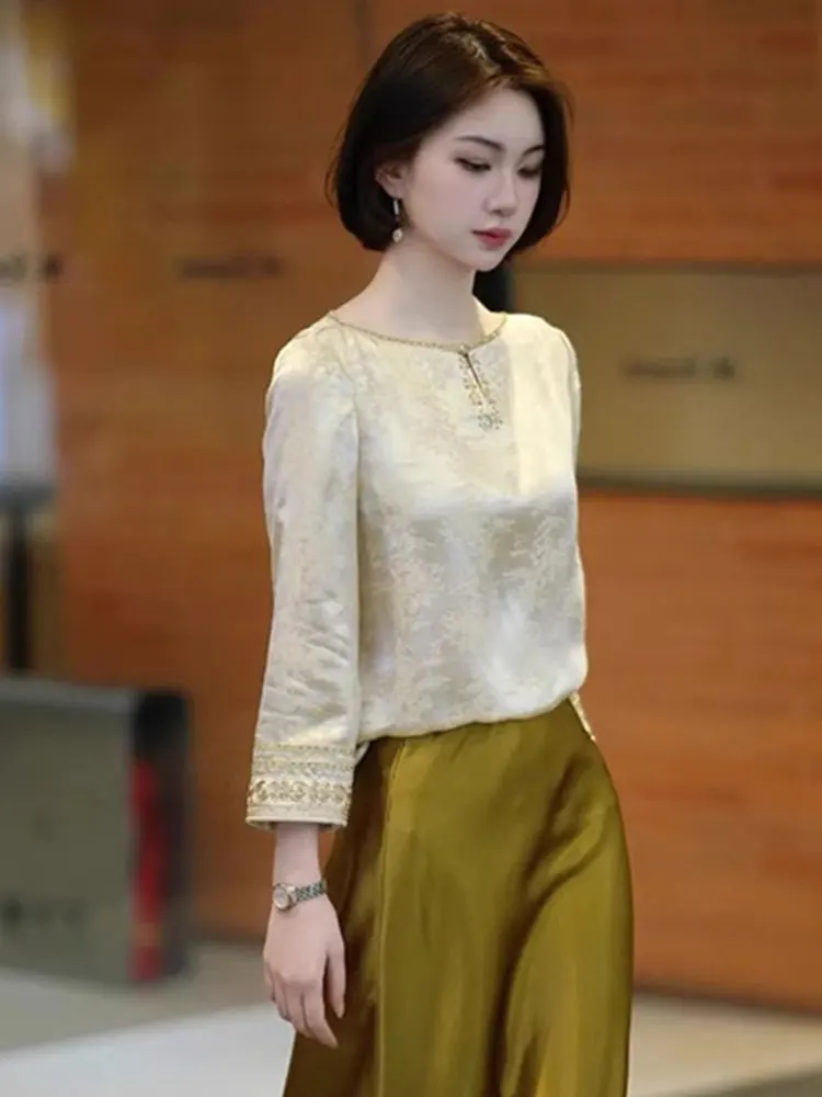 Ele Silk Satin Embroidered Hollow out Nine Sve Women's Top Korean Sle Commute Straight Tube Design Summer New Chinese
Ele Silk Satin Embroidered Hollow out Nine Sve Women's Top Korean Sle Commute Straight Tube Design Summer New Chinese