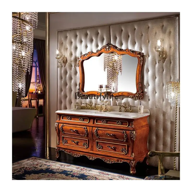European bathroom cabinet floor-to-ceiling red oak solid wood double basin sink bathroom cabinet combination French style
European bathroom cabinet floor-to-ceiling red oak solid wood double basin sink bathroom cabinet combination French style
