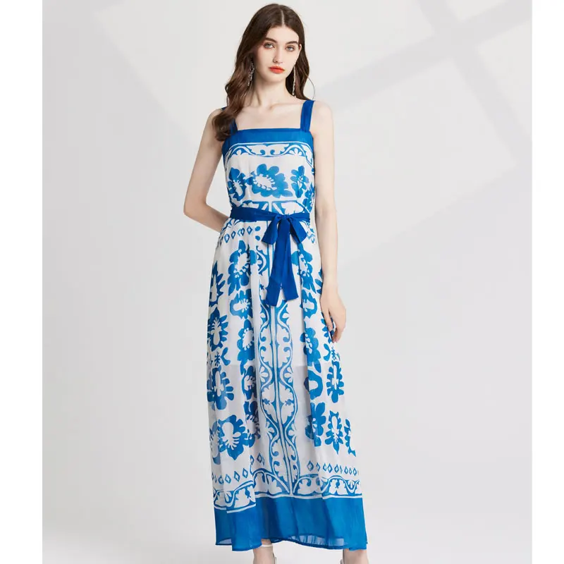 Summer Holiday Flower Long Robe Dress Women Spaghetti Strap Blue And White Porcelain Print Backless Belt Lace Up Chiffon Vestido
Summer Holiday Flower Long Robe Dress Women Spaghetti Strap Blue And White Porcelain Print Backless Belt Lace Up Chiffon Vestido
