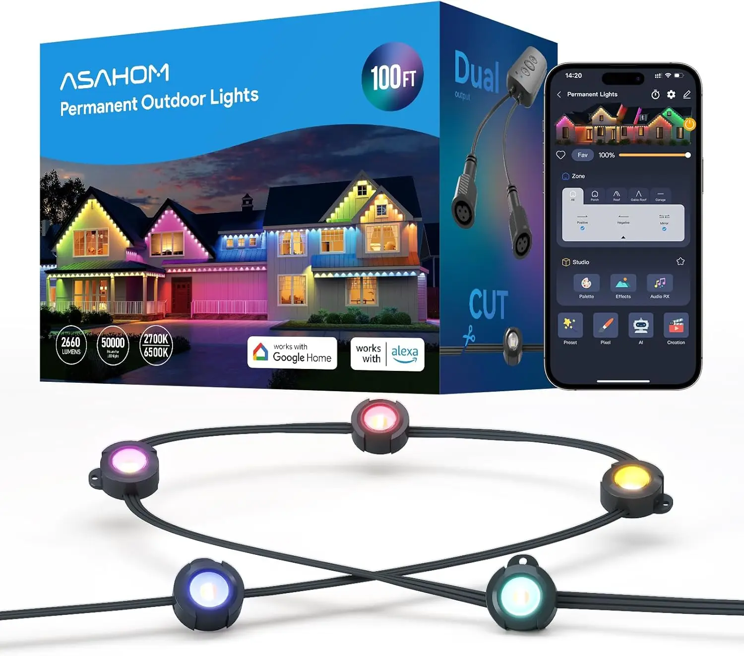 AI Permanent Outdoor Lights 100FT 72 RGBCW LED 30,000 Effects Cuttable Dual Output Extend to 800FT Black
AI Permanent Outdoor Lights 100FT 72 RGBCW LED 30,000 Effects Cuttable Dual Output Extend to 800FT Black