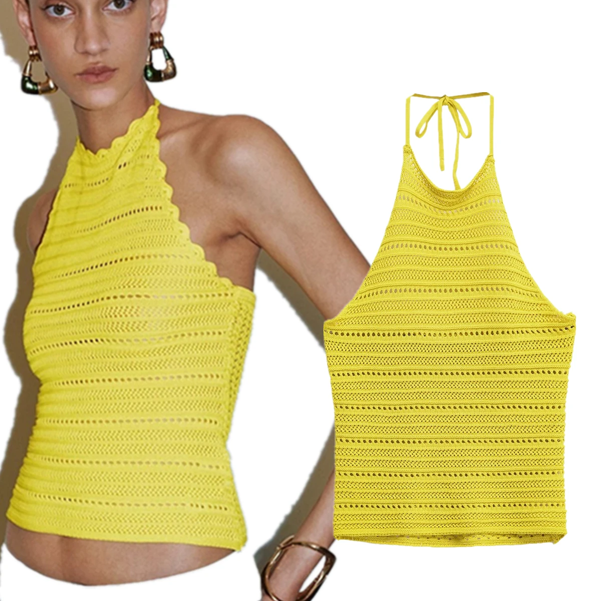Maxdutti Summer T-shirt French Romantic Knitted Hollow Yellow Suspender Top Beach Vacation Sexy Backless T-shirt For Women
Maxdutti Summer T-shirt French Romantic Knitted Hollow Yellow Suspender Top Beach Vacation Sexy Backless T-shirt For Women