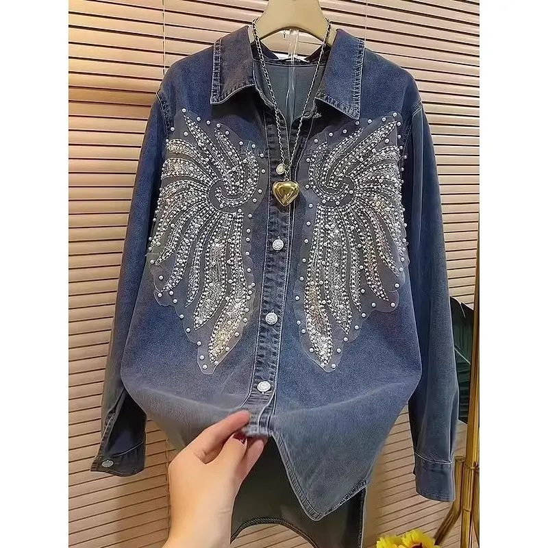 Luxury High-Quality Beaded Denim Shirt Embroidery Women's Single-Breasted Blouses Long-Sleeve Top Blue Cowboy Coat Trendy
Luxury High-Quality Beaded Denim Shirt Embroidery Women's Single-Breasted Blouses Long-Sleeve Top Blue Cowboy Coat Trendy