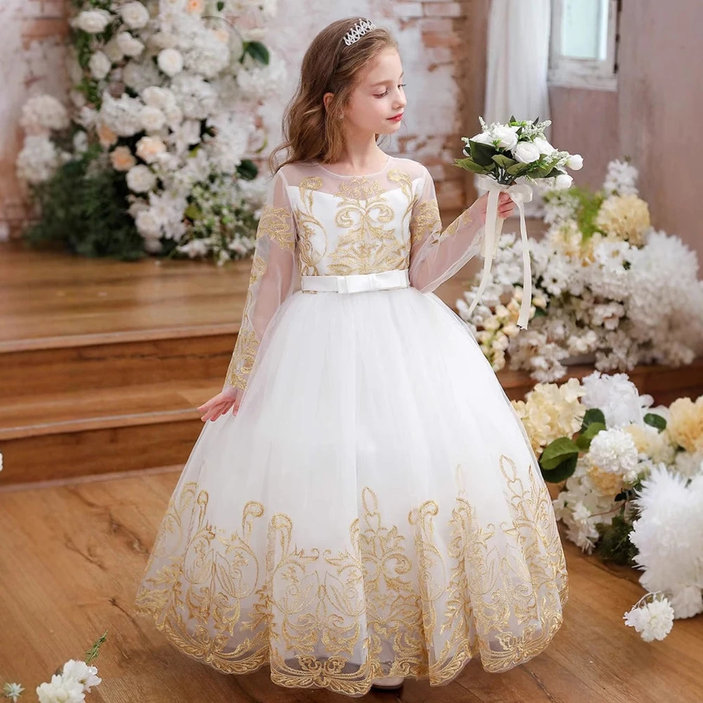 O Neck Long Sleeves Flower Girl Dresses For Weddings Golden Lace Appliqued Girls Bridesmaid Banquet Dress Birthday Party Gowns
O Neck Long Sleeves Flower Girl Dresses For Weddings Golden Lace Appliqued Girls Bridesmaid Banquet Dress Birthday Party Gowns