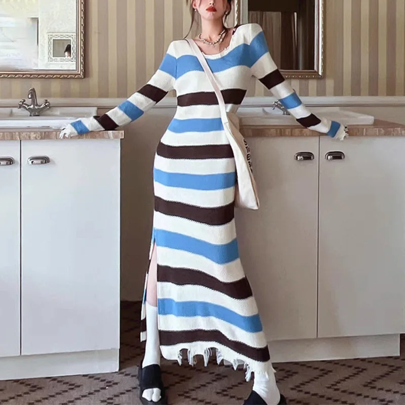 Women Autumn/Winter Knitted Dress O Neck Sexy Slim Korean Striped Long Sweater Dress A-line Streetwear Maxi Dresses for Women
Women Autumn/Winter Knitted Dress O Neck Sexy Slim Korean Striped Long Sweater Dress A-line Streetwear Maxi Dresses for Women