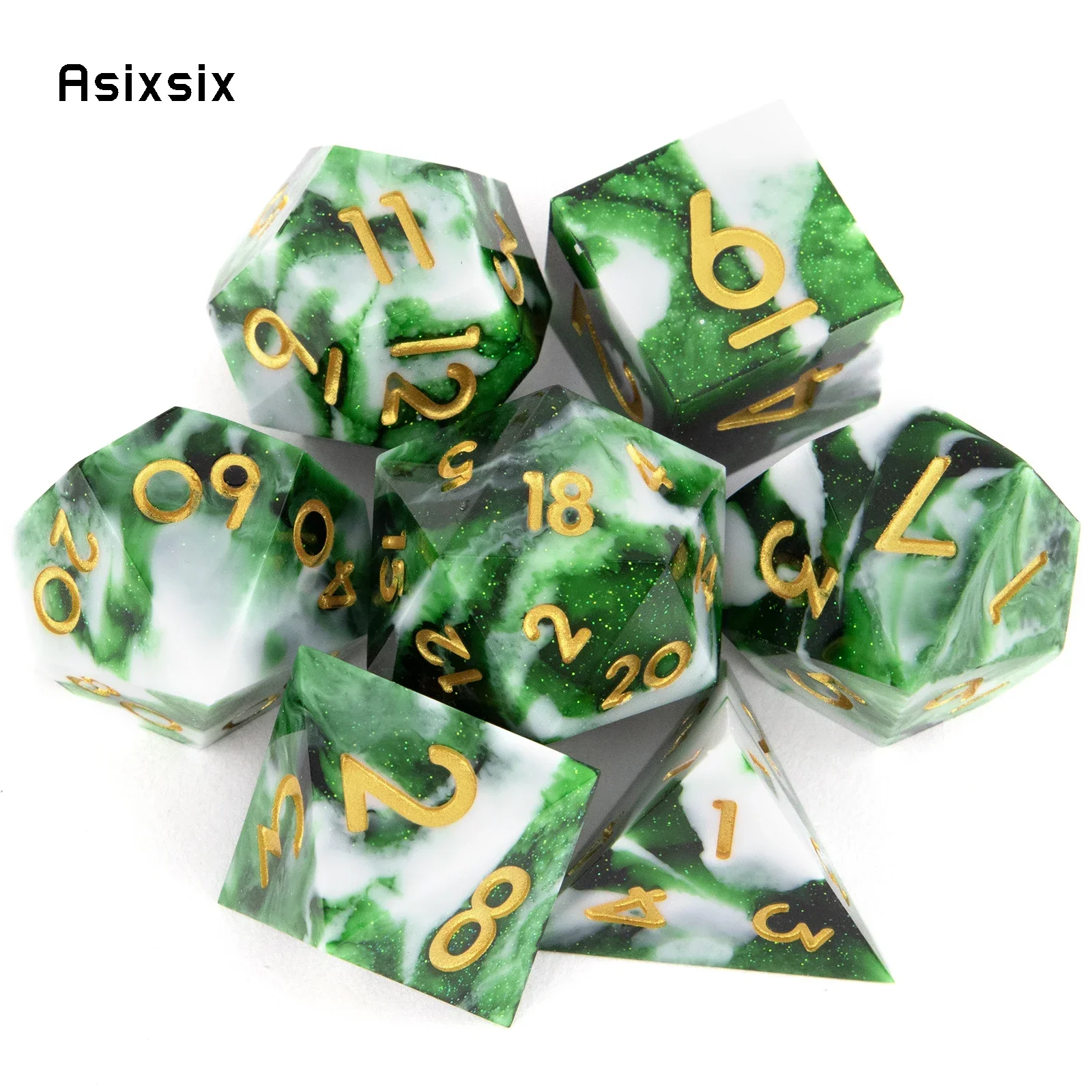 7 Pcs White Green Resin Golden Number Sharp Edge Dice Polyhedral Dice Suitable for Role-Playing RPG Board Game
7 Pcs White Green Resin Golden Number Sharp Edge Dice Polyhedral Dice Suitable for Role-Playing RPG Board Game