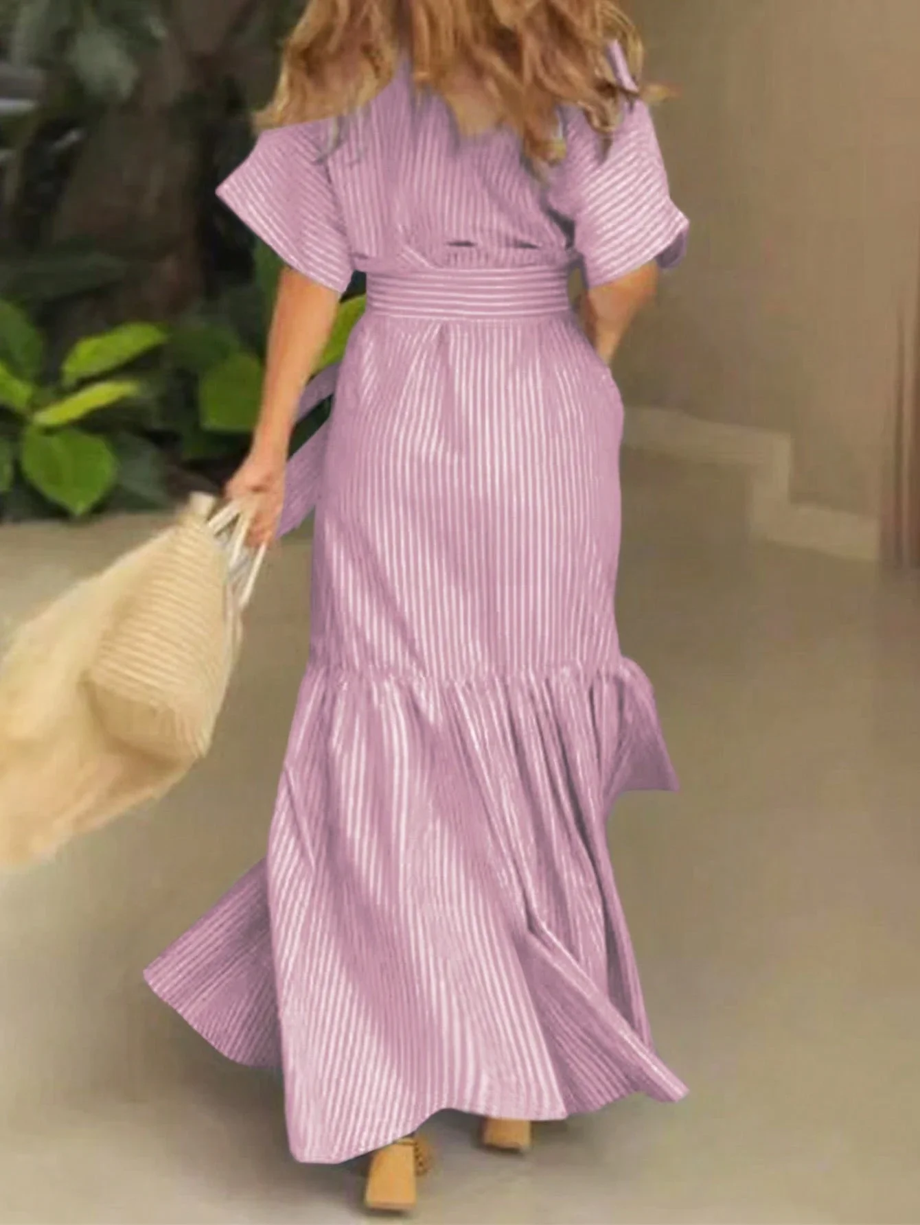 Women's Summer Casual Striped Lapel Belted Long Dress Pink Vacation Style
Women's Summer Casual Striped Lapel Belted Long Dress Pink Vacation Style