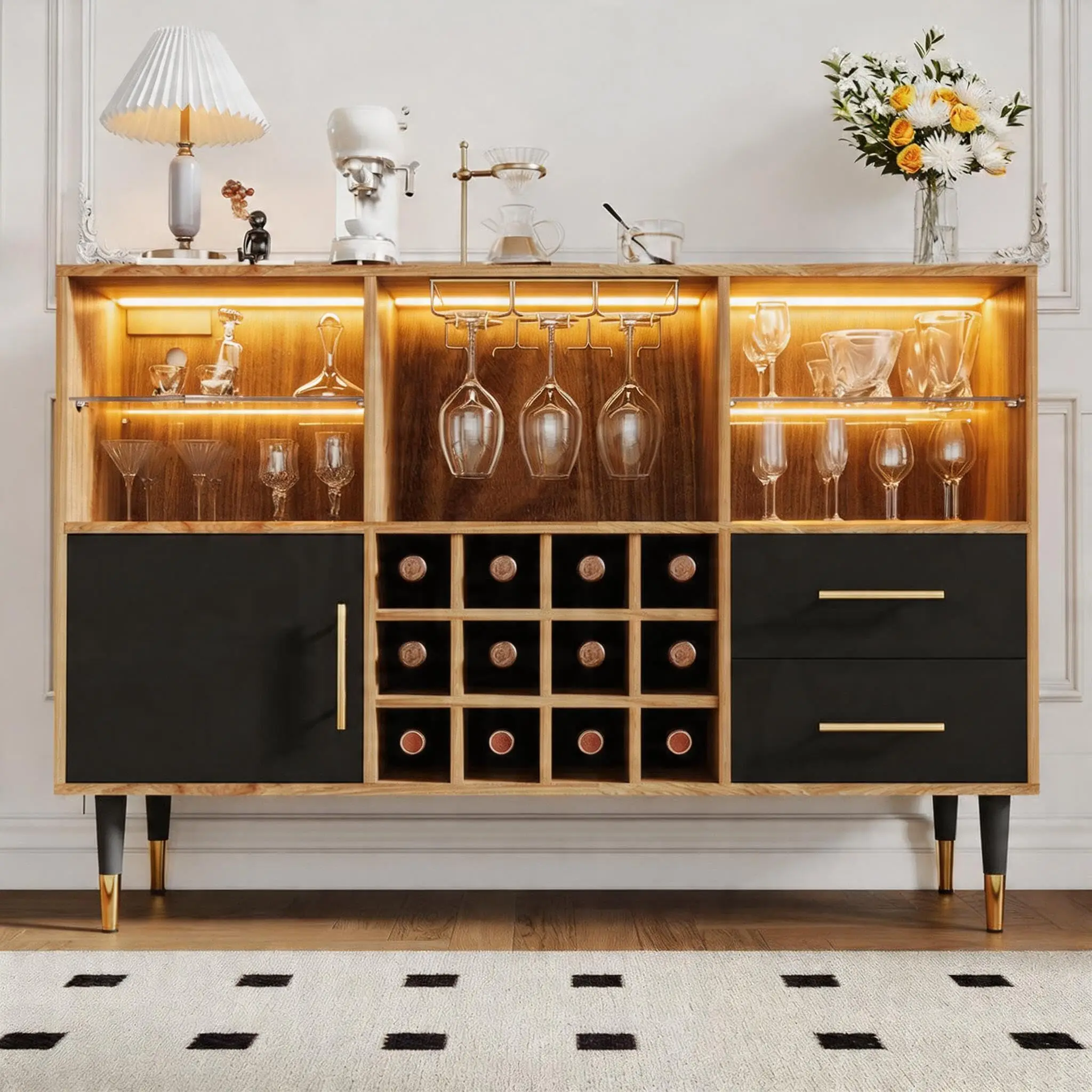 Modern Wooden Wine Bar Cabinet With LED Lighting, Glass Rack, Wine Storage, Coffee Station And Dual Drawers For Living Room Or
Modern Wooden Wine Bar Cabinet With LED Lighting, Glass Rack, Wine Storage, Coffee Station And Dual Drawers For Living Room Or