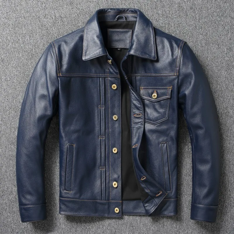 New Navy Blue Top Layer Cowhide Genuine Leather Jacket Men's Short Slim Fit Retro Motorcycle Lapel Casual Jacket Trendy
New Navy Blue Top Layer Cowhide Genuine Leather Jacket Men's Short Slim Fit Retro Motorcycle Lapel Casual Jacket Trendy