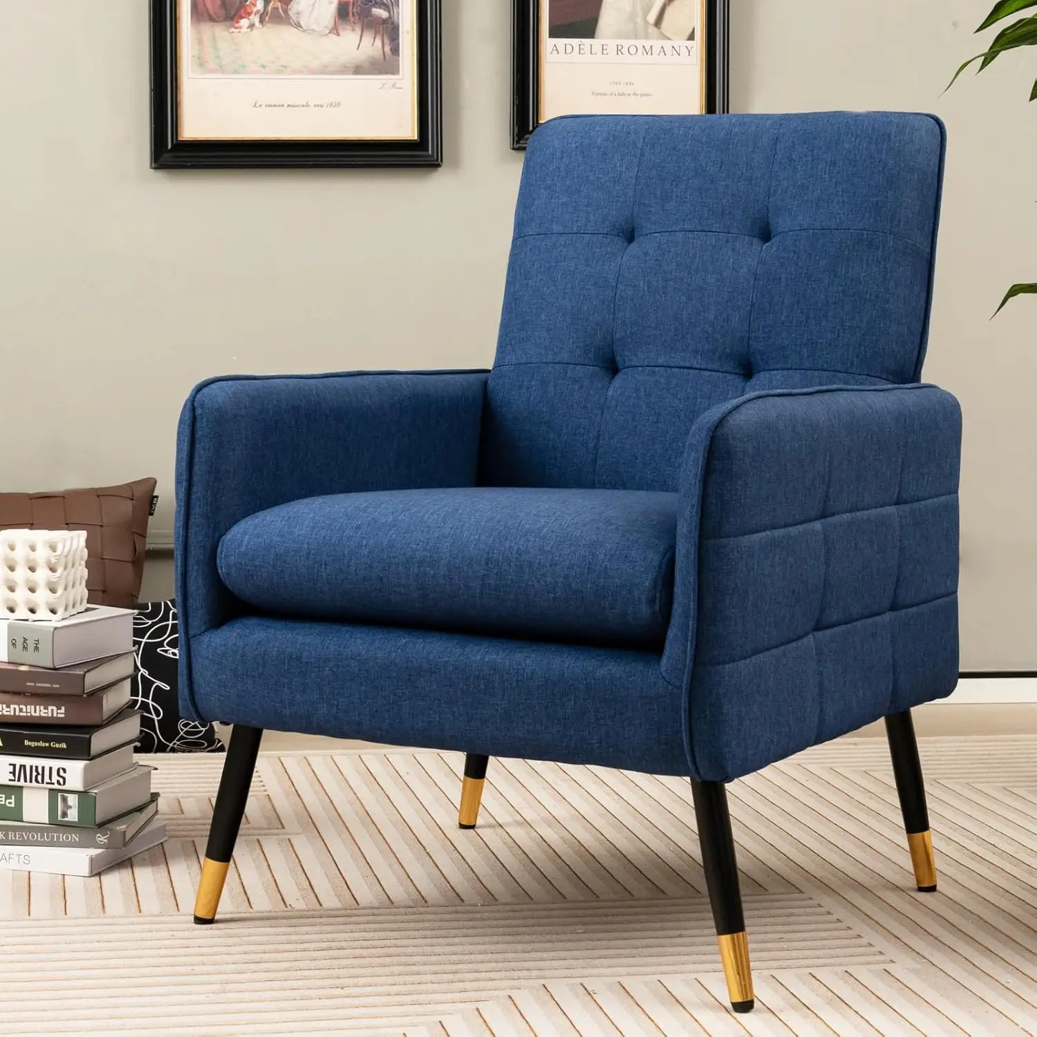 Mid-Century Upholstered Accent Chair Tufted Metal Legs Adjustable Foot Pads Linen Reading Living Room Bedroom Blue Customized
Mid-Century Upholstered Accent Chair Tufted Metal Legs Adjustable Foot Pads Linen Reading Living Room Bedroom Blue Customized