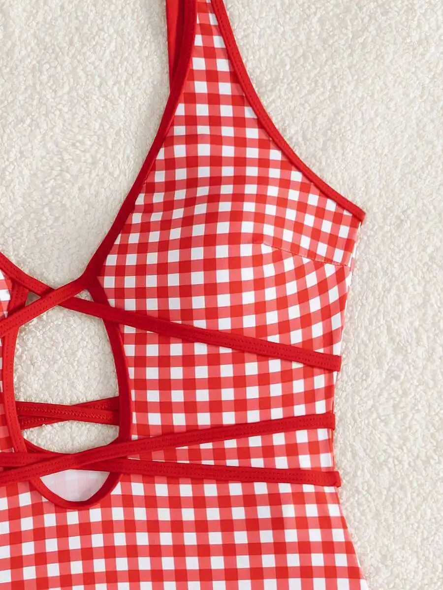 Women V-Neck Plaid One-Piece Swimsuit With Hollow Out Straps For Beach Summer
Women V-Neck Plaid One-Piece Swimsuit With Hollow Out Straps For Beach Summer
