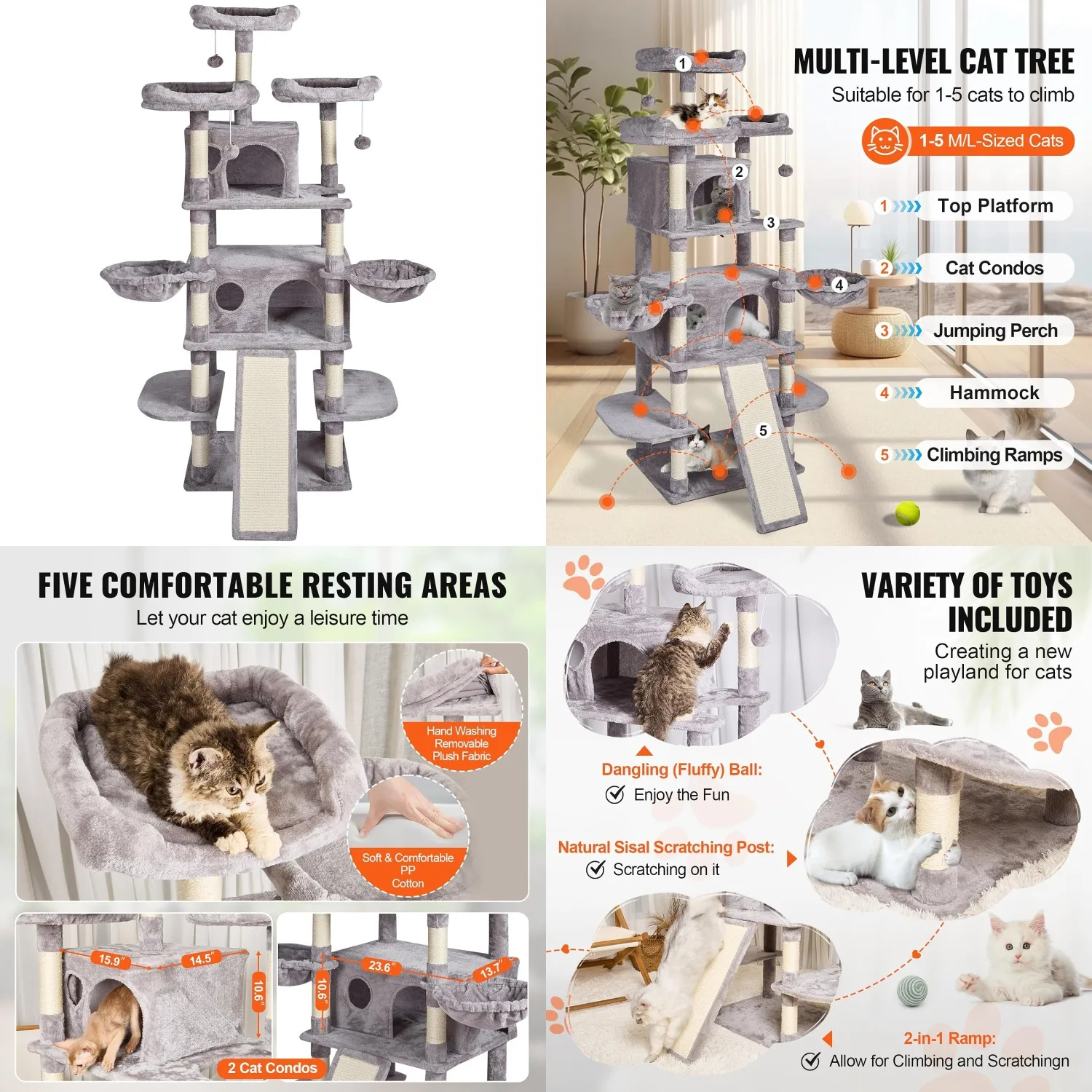 Cat Tree for Indoor Cats, 68.5" Cat Tower with 2 Cat Condos, Sisal Scratching Post, Hammocks, Top Perches, Jumping, Customized
Cat Tree for Indoor Cats, 68.5" Cat Tower with 2 Cat Condos, Sisal Scratching Post, Hammocks, Top Perches, Jumping, Customized