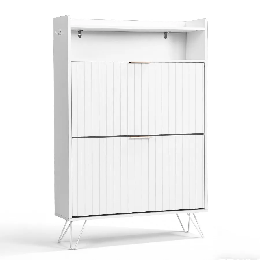 Shoe cabinet with slatted front panel and side panels, two compartments with top-opening lids, two hooks, and high legs. Partic
Shoe cabinet with slatted front panel and side panels, two compartments with top-opening lids, two hooks, and high legs. Partic