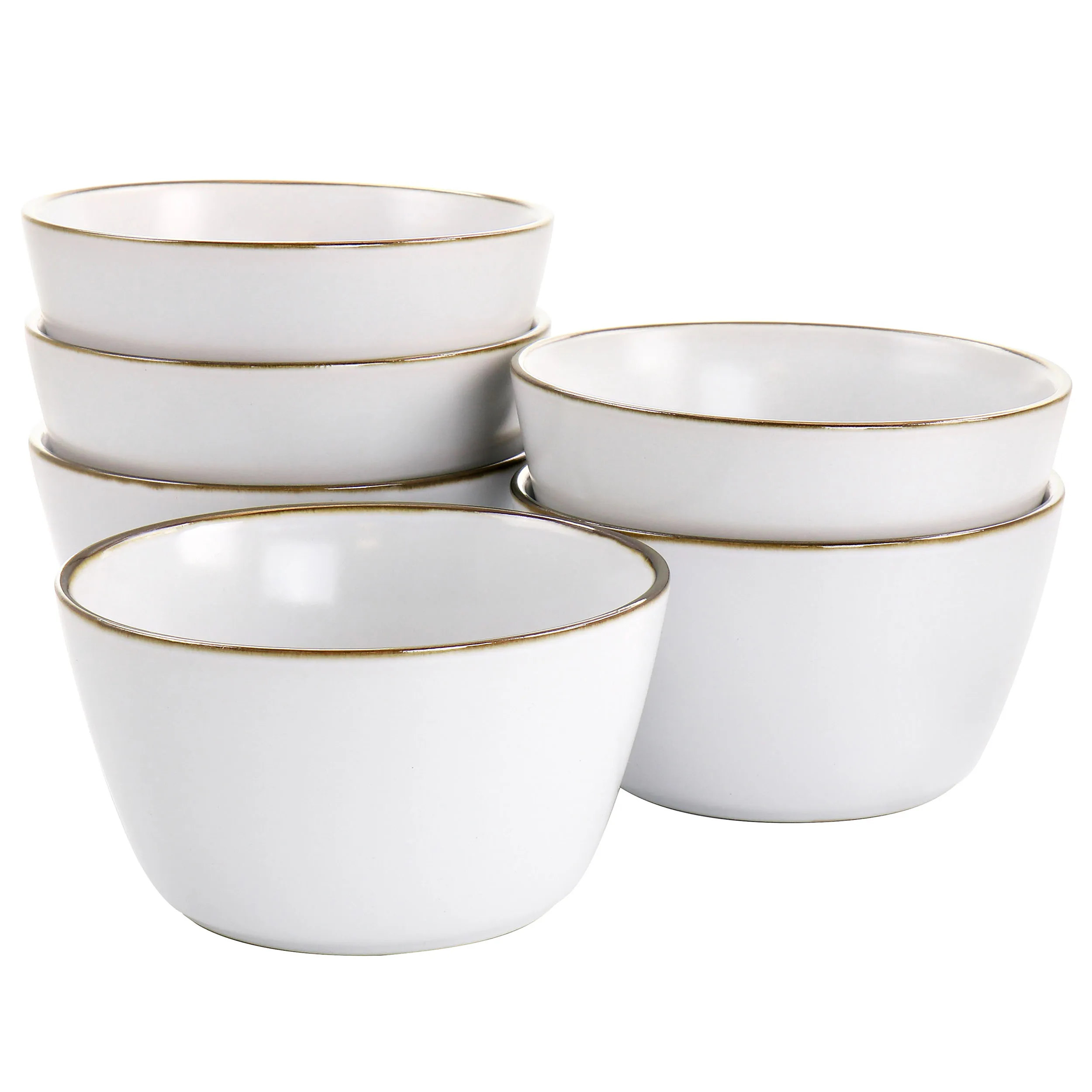 6-piece stoneware bowl set matte white finish gold accent rim
6-piece stoneware bowl set matte white finish gold accent rim