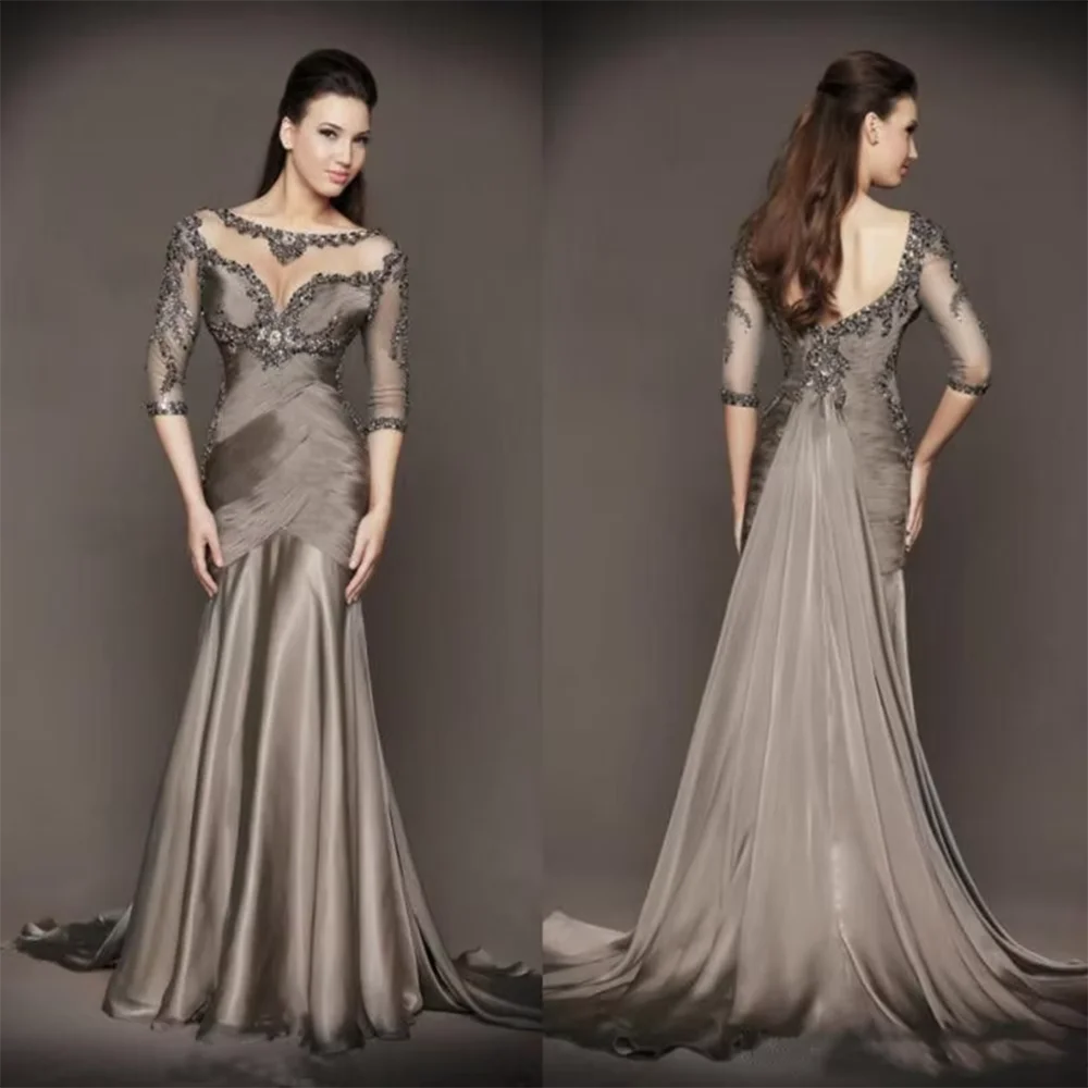 Gorgeous Gray Mother of the Bride Dresses Half Sleeves Mermaid Floor Length Appliques Illusion O-neck Cut out Women Prom Gowns
Gorgeous Gray Mother of the Bride Dresses Half Sleeves Mermaid Floor Length Appliques Illusion O-neck Cut out Women Prom Gowns
