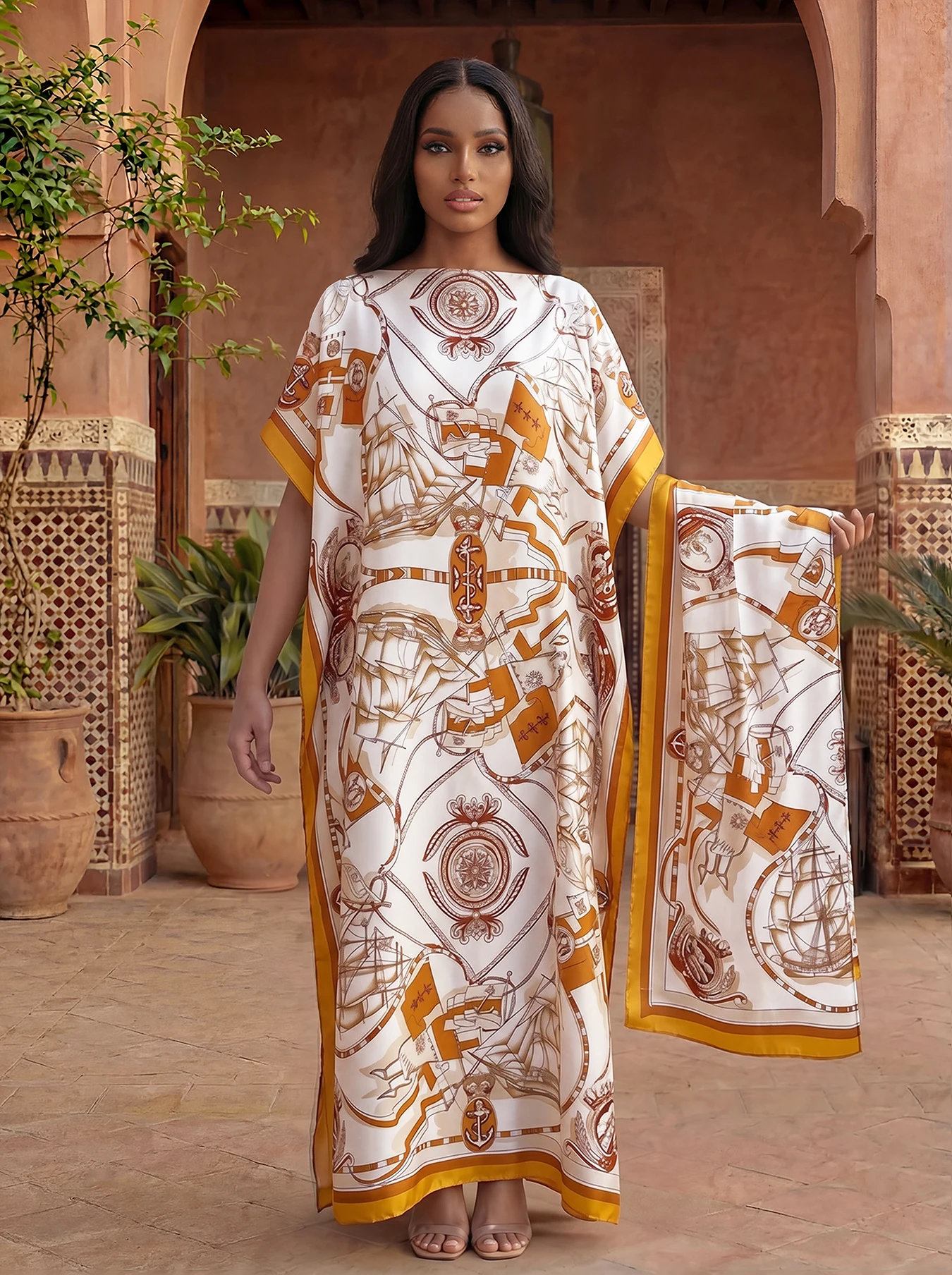 Nautical Sailboat Anchor Print Satin Abaya With Scarf, Loose Maxi Kaftan For Muslim Women Summer Beach Wear
Nautical Sailboat Anchor Print Satin Abaya With Scarf, Loose Maxi Kaftan For Muslim Women Summer Beach Wear