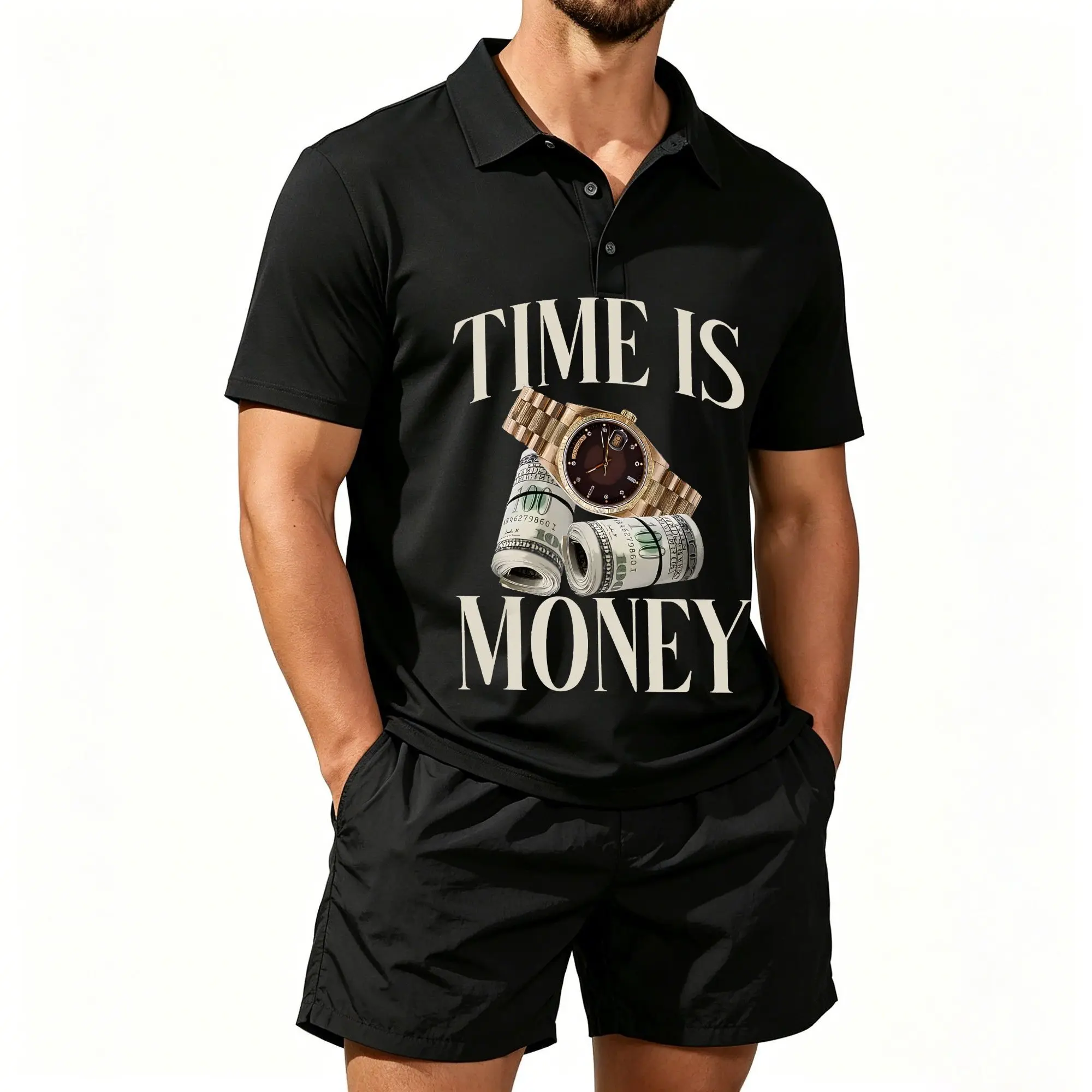 Men's Polo Shirt and Beach Shorts Set, "Time Is Money" Print, Cash Business, Millionaire, Cryptocurrency Tycoon Design, Casual and Comfortable Fit
Men's Polo Shirt and Beach Shorts Set, "Time Is Money" Print, Cash Business, Millionaire, Cryptocurrency Tycoon Design, Casual and Comfortable Fit