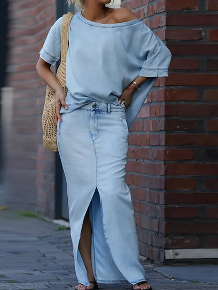 Skew Collar Maxi Skirts Two Pieces Sets, Women Summer Casual Patchwork Chic Outfit, 2025 Half Sleeve Solid Elegant Ladies Suits
Skew Collar Maxi Skirts Two Pieces Sets, Women Summer Casual Patchwork Chic Outfit, 2025 Half Sleeve Solid Elegant Ladies Suits