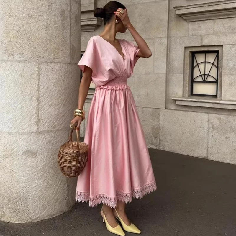 Sexy Deep V Short Sleeved Formal Occasion Dress Lace Patchwork Women's Elegant Dresses 2026 Summer Temperament Pink Long Dress
Sexy Deep V Short Sleeved Formal Occasion Dress Lace Patchwork Women's Elegant Dresses 2026 Summer Temperament Pink Long Dress