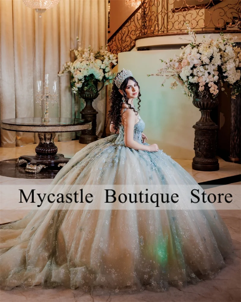 Mint Green Lace Appliques Beaded Quinceanera Dresses Ball Gown With Cape Spaghetti Strap Flowers Sweet 16 Dress Birthday Party
Mint Green Lace Appliques Beaded Quinceanera Dresses Ball Gown With Cape Spaghetti Strap Flowers Sweet 16 Dress Birthday Party