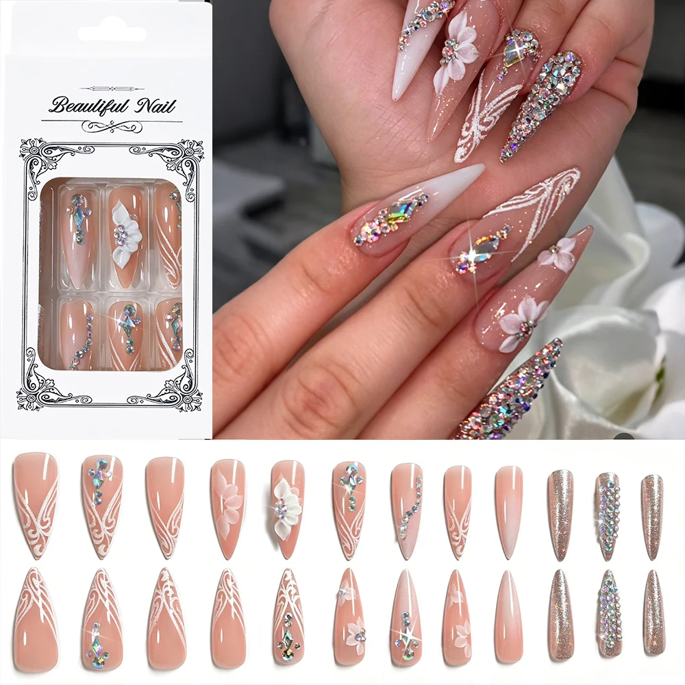 24pcs White Lace Glitter Flower Long Stiletto French Tips Fake Nails 3D Luxury Rhinestones Carving Floral Y2k Press on Fake Nail
24pcs White Lace Glitter Flower Long Stiletto French Tips Fake Nails 3D Luxury Rhinestones Carving Floral Y2k Press on Fake Nail