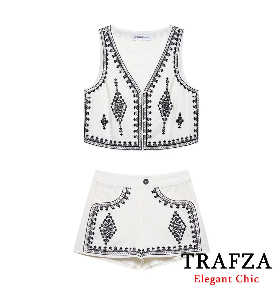 TRAFZA Vintage Chic Embroidered Shorts Set Women's Buttons Vest Or Mini Shorts 2025 Summer Fashion Holidays Casual Lady Set
TRAFZA Vintage Chic Embroidered Shorts Set Women's Buttons Vest Or Mini Shorts 2025 Summer Fashion Holidays Casual Lady Set